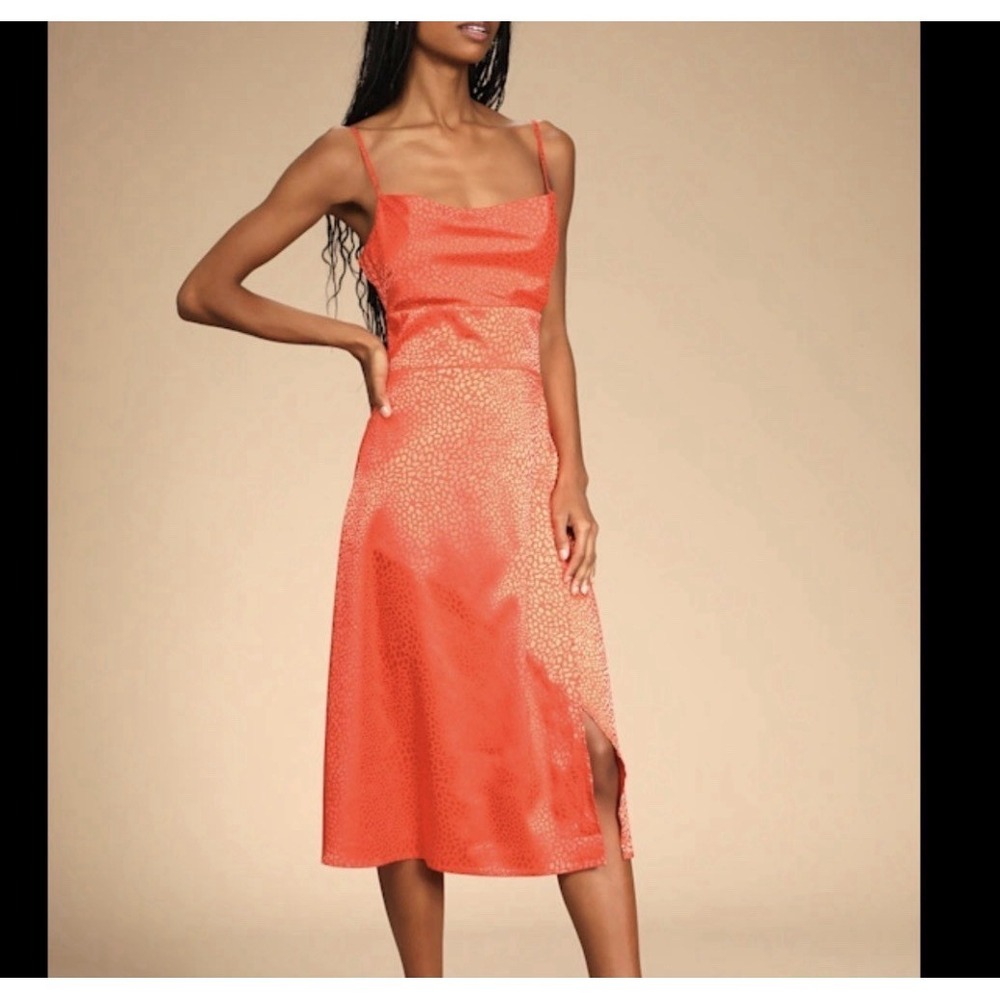 NWT Lulus Coral‎ Orange Jacquered Slip Dress Midi Satin Slit Strappy Sexy Sz S